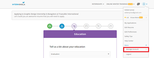 delete account on internshala